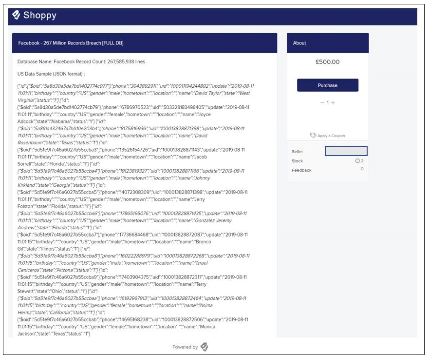 hacked Facebook data sold