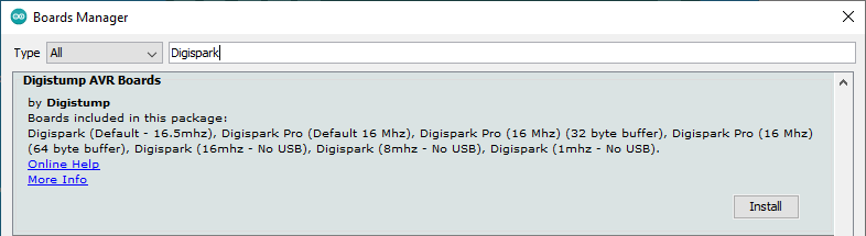 Digispark board support package in the Arduino IDE Boards Manager dialog box